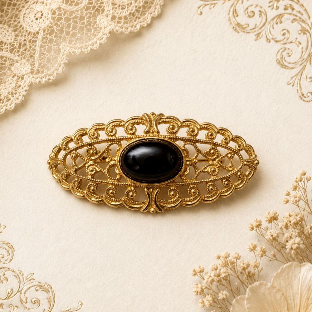 Gold Tone Filigree and Black Cabochon Vintage Bar Pin Brooch